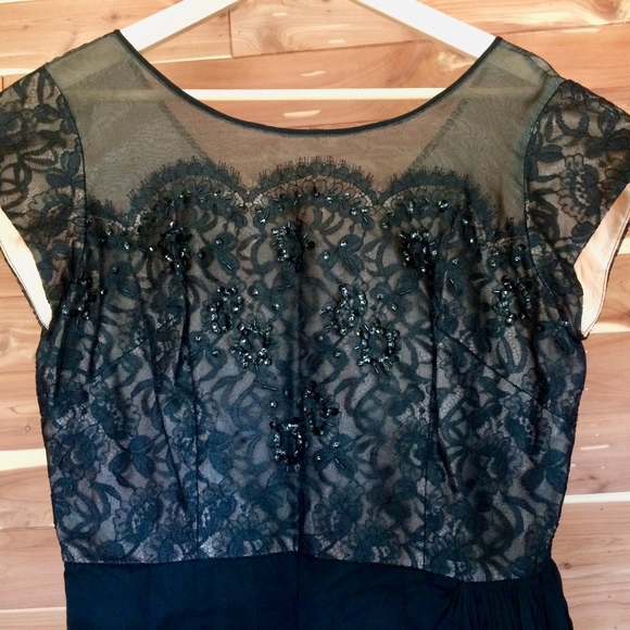 Vintage Dresses & Skirts - Vintage Black Silk Chiffon Dress + Lace + Beading